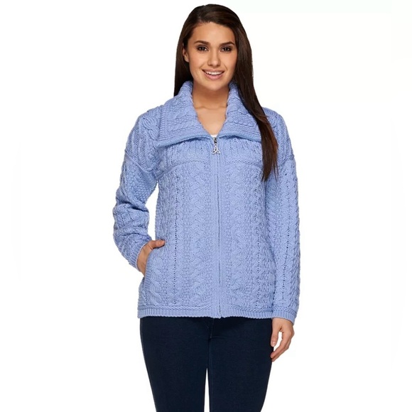 Aran‎ Crafts Ireland Powder Blue Full Zip Cableknit Chunky Sweater Cozy - Picture 1 of 10